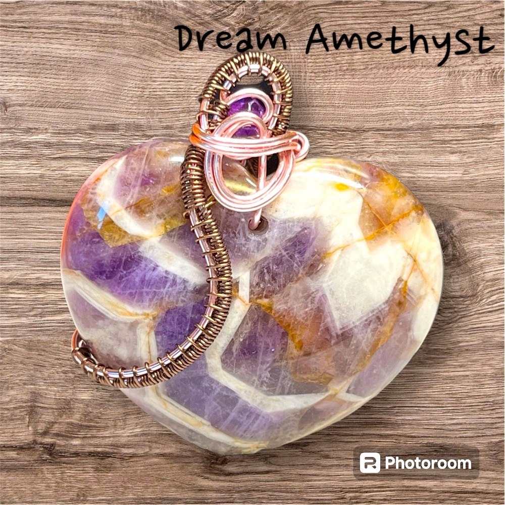 Genuine dream amethyst heart wire wrapped artisan pendant